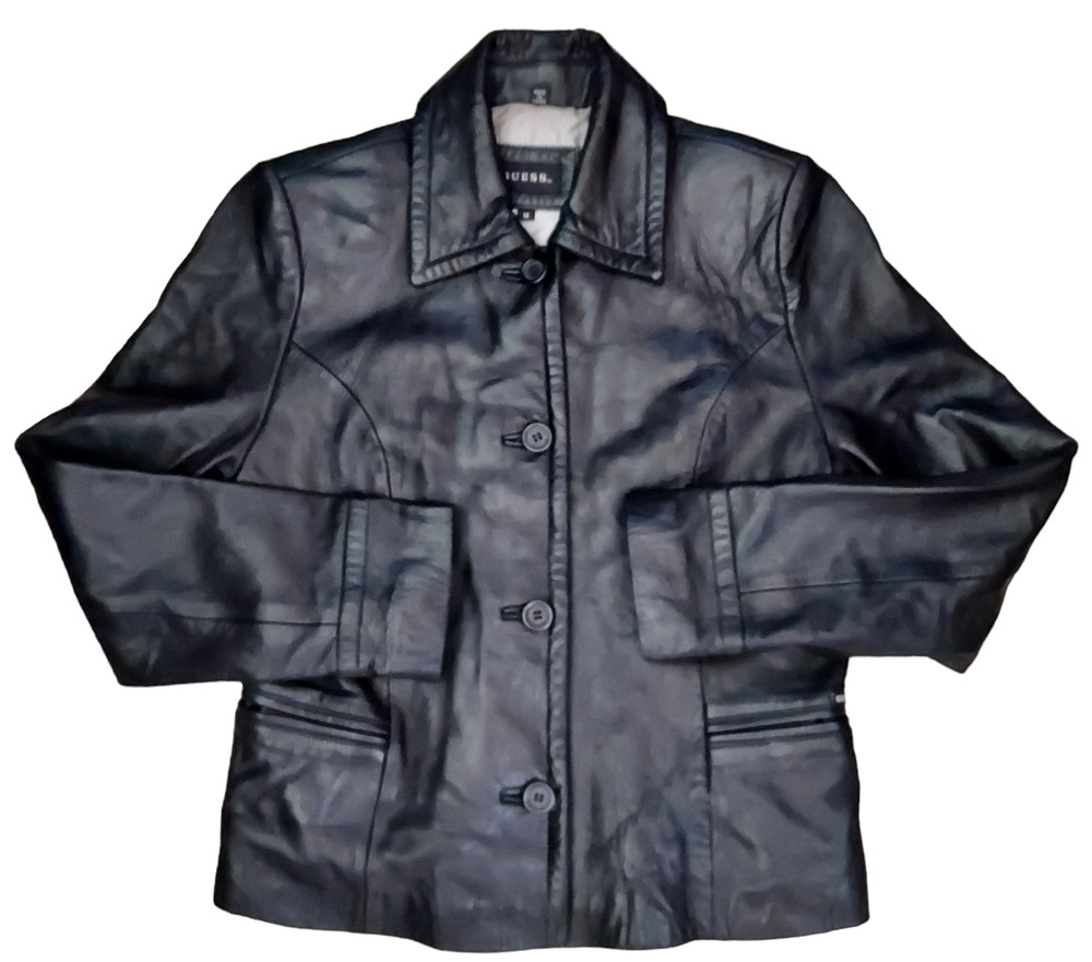Guess Vintage 90s Y2K Soft Black Button Up Women's Leather Jacket Size Medium
